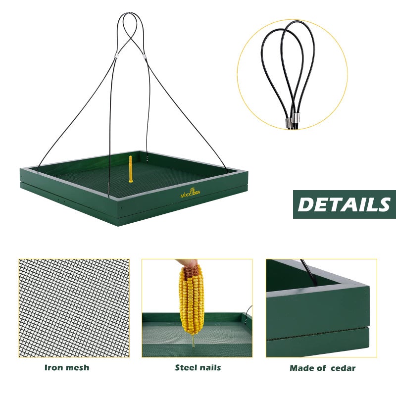 MIXXIDEA Bird Feeder Hanging Tray, Bird Feeders for Outdoors, Wooden Seed Tray Platform Mesh Seed Platform for Garden Yard Outside Decoration Attracting for Wild Birds (Green-1pk) - Image 4