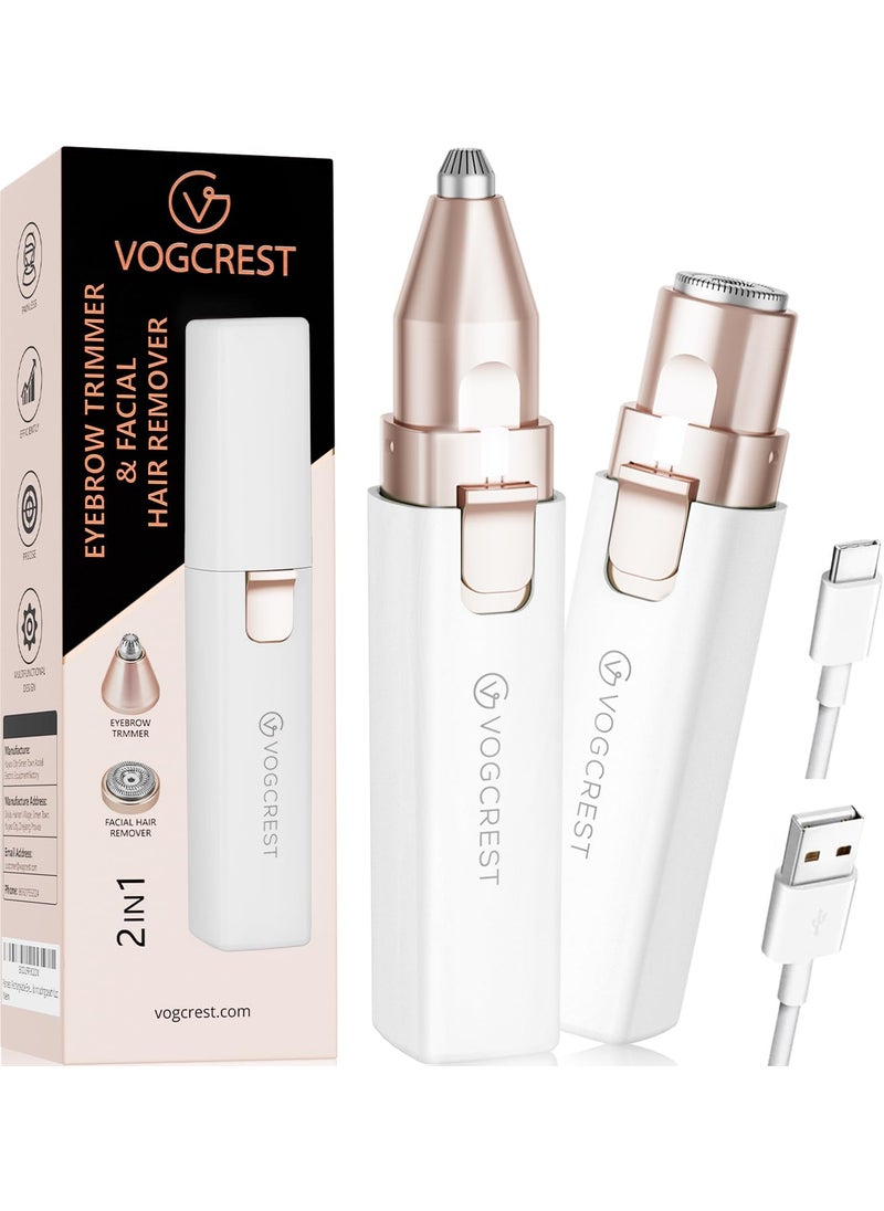 VG VOGCREST VOGCREST Hair Trimmer, 2 in 1 Facial Hair Remover & Eyebrow Trimmer for Women - Rechargeable, Portable, LED Light (White) 