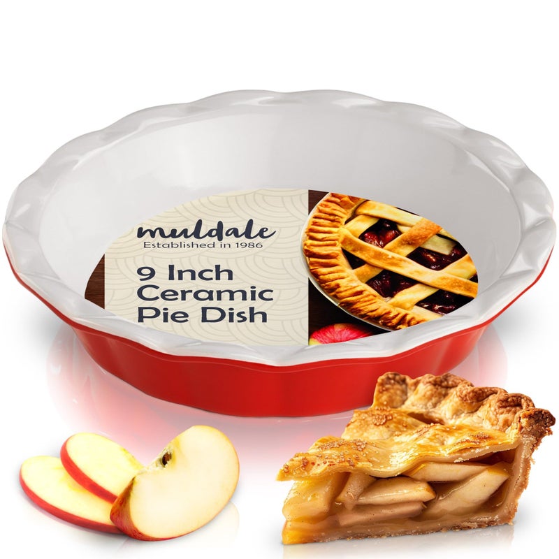 Muldale 9 Inch Ceramic Pie Dish 23cm  Deep Fluted Lead Free Pie Tin for Oven Apple Crumble Steak  Red Baking Dish