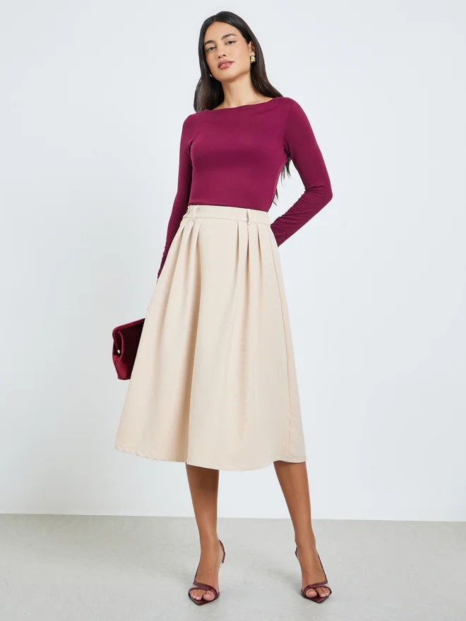 Styli Beige Fold Pleat A-Line Midi Skirt