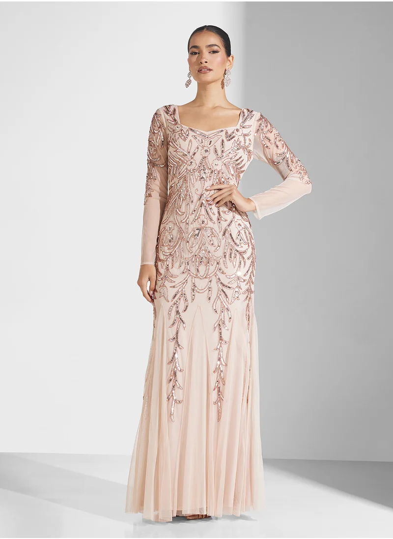 Frock and Frill Embellished Pleated Maxi Dress