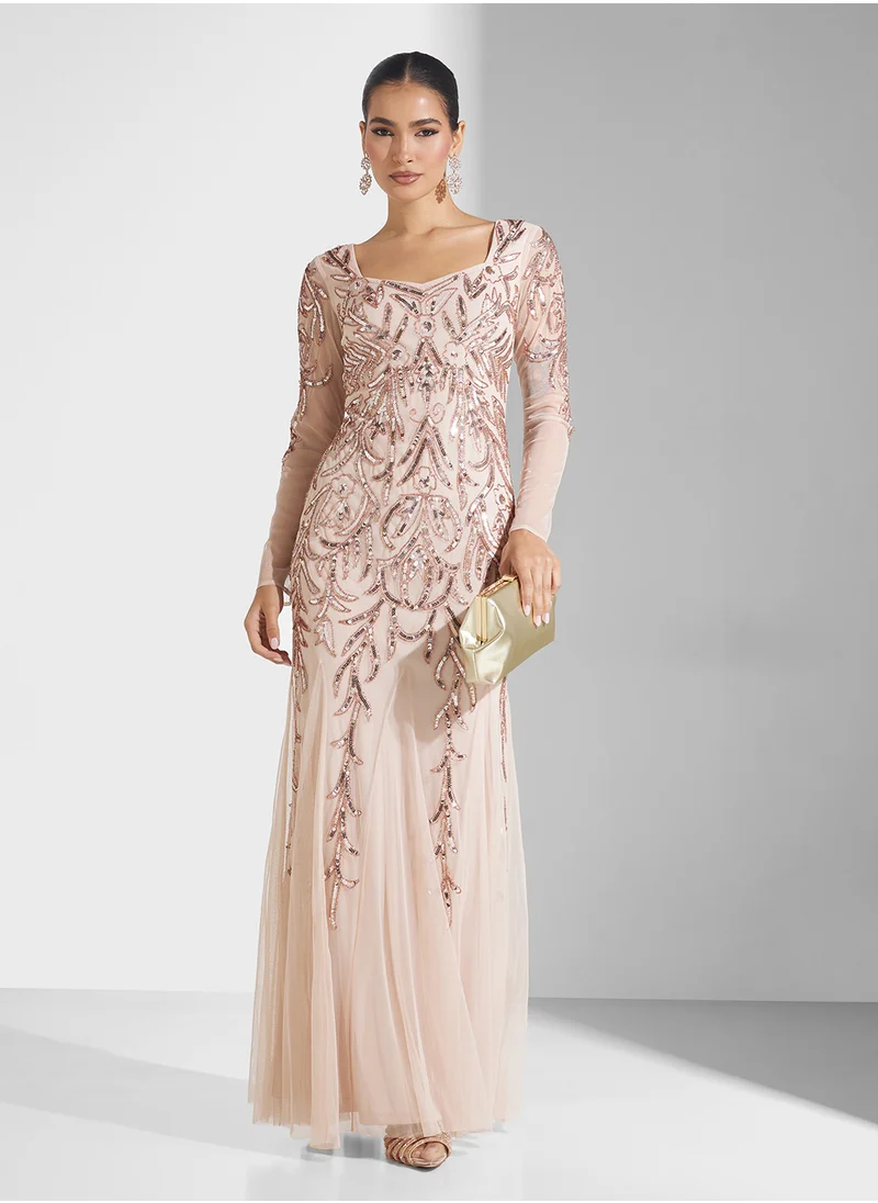 Frock and Frill Embellished Pleated Maxi Dress