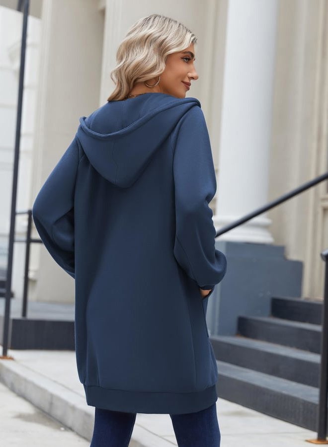 zeagoo Women's Zip Up Hoodies Long Sleeve Long Tunic Sweatshirts Oversized Fleece Casual 2025 Fall Jacket Coat with Pocket, Dark Blue, S - Image 3