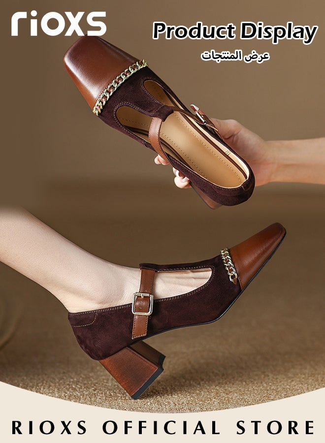 ريوكس Women's Retro Mary Jane Shoes Square Closed Toe Shoes Comfortable Chunky High Heel Shoes For Office Work Business Formal Occasions - Image 2