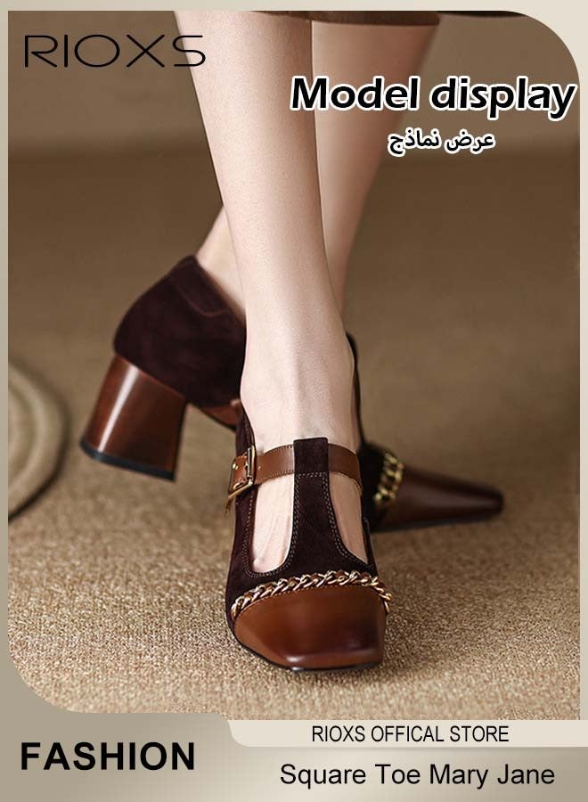 ريوكس Women's Retro Mary Jane Shoes Square Closed Toe Shoes Comfortable Chunky High Heel Shoes For Office Work Business Formal Occasions - Image 4