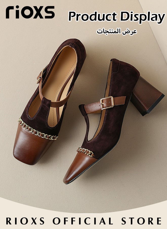 ريوكس Women's Retro Mary Jane Shoes Square Closed Toe Shoes Comfortable Chunky High Heel Shoes For Office Work Business Formal Occasions - Image 3