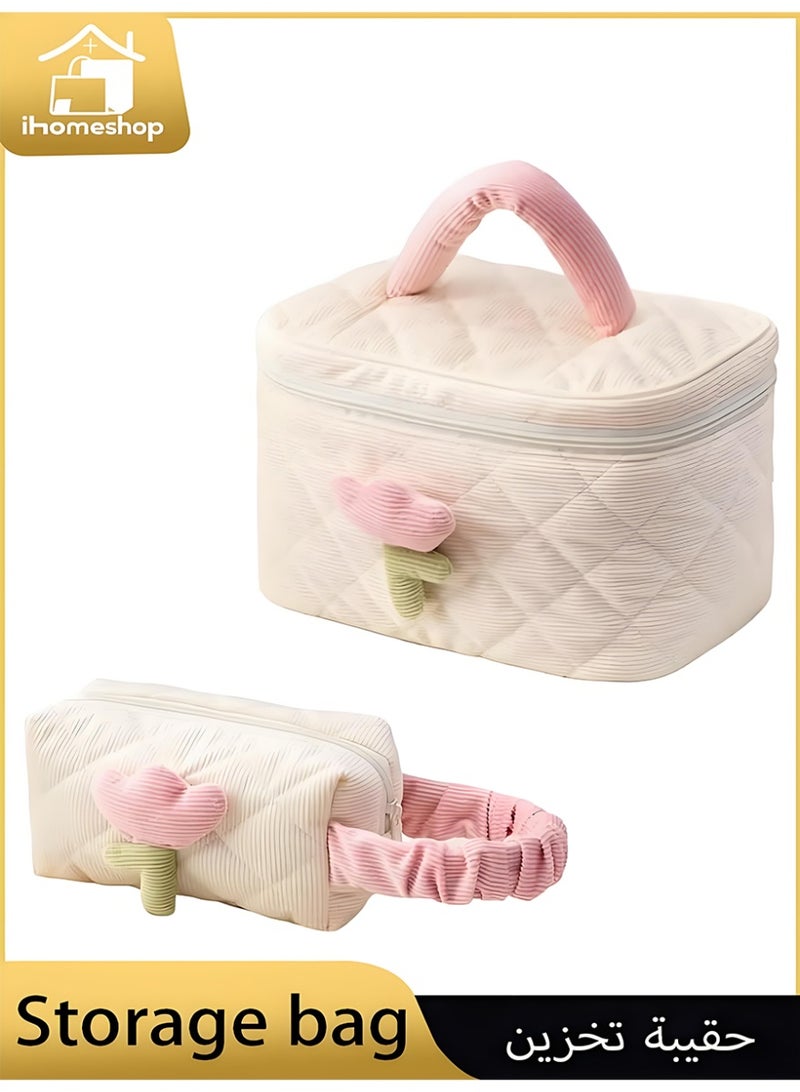 آي هوم شوب حقيبة مستحضرات تجميل لطيفة على شكل زهرة التوليب، حقيبة مكياج كبيرة السعة، حقيبة غسيل متعددة الوظائف ومحمولة للسفر، حقيبة مستحضرات تجميل خفيفة الوزن للعناية بالبشرة للنساء (بيضاء) - Image 1