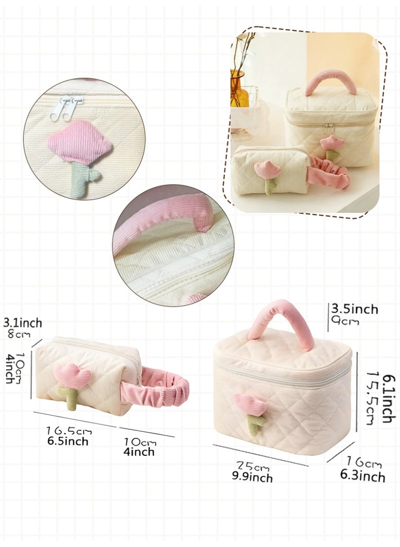 آي هوم شوب حقيبة مستحضرات تجميل لطيفة على شكل زهرة التوليب، حقيبة مكياج كبيرة السعة، حقيبة غسيل متعددة الوظائف ومحمولة للسفر، حقيبة مستحضرات تجميل خفيفة الوزن للعناية بالبشرة للنساء (بيضاء) - Image 2