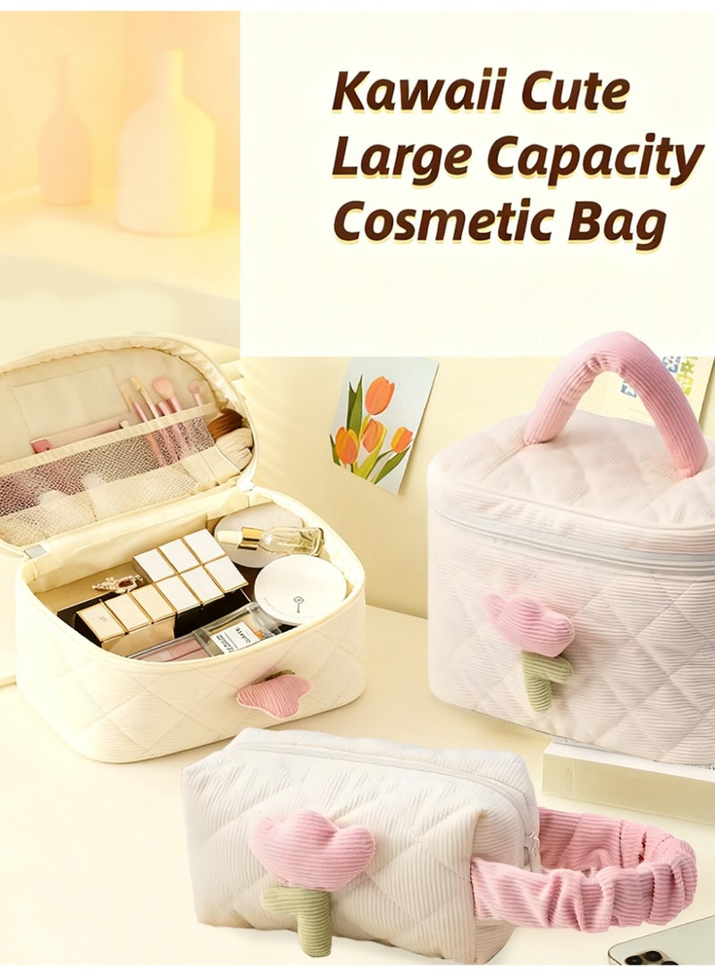 آي هوم شوب حقيبة مستحضرات تجميل لطيفة على شكل زهرة التوليب، حقيبة مكياج كبيرة السعة، حقيبة غسيل متعددة الوظائف ومحمولة للسفر، حقيبة مستحضرات تجميل خفيفة الوزن للعناية بالبشرة للنساء (بيضاء) - Image 4