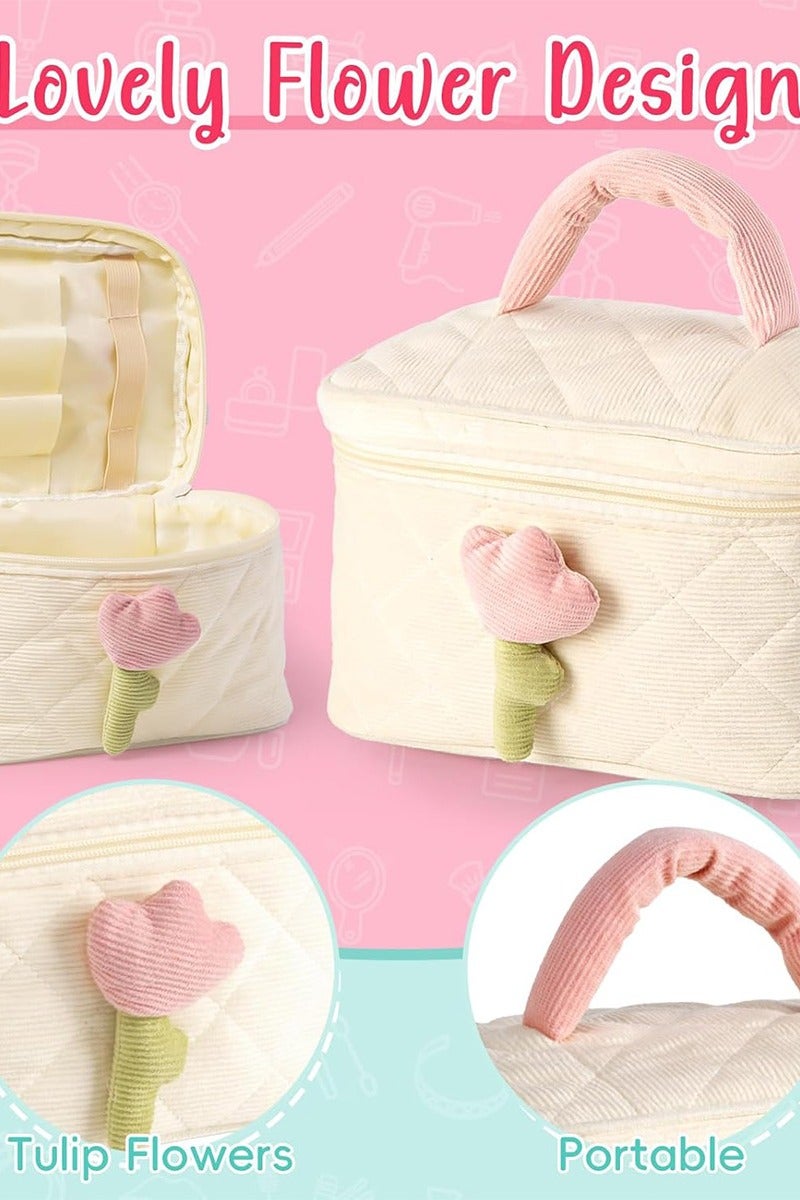 آي هوم شوب حقيبة مستحضرات تجميل لطيفة على شكل زهرة التوليب، حقيبة مكياج كبيرة السعة، حقيبة غسيل متعددة الوظائف ومحمولة للسفر، حقيبة مستحضرات تجميل خفيفة الوزن للعناية بالبشرة للنساء (بيضاء) - Image 5