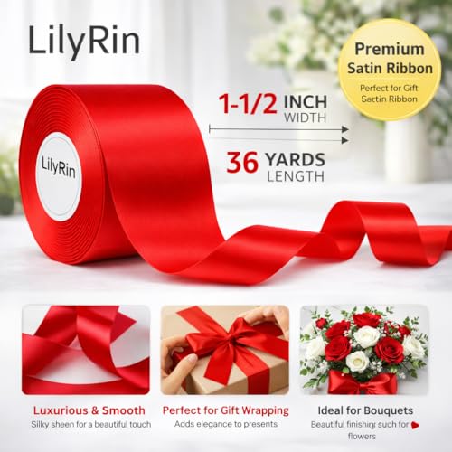 LilyRin Red Ribbon 1-1/2 Inch 36 Yards Christmas Satin Roll 1.5 Inch Perfect for Art Wedding Wreath Packing Birthday Flower Bouquets Baby Shower DIY Hair Bows Accessories Scrapbooking Wrapping Handmade - Image 3