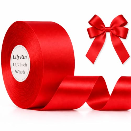LilyRin Red Ribbon 1-1/2 Inch 36 Yards Christmas Satin Roll 1.5 Inch Perfect for Art Wedding Wreath Packing Birthday Flower Bouquets Baby Shower DIY Hair Bows Accessories Scrapbooking Wrapping Handmade - Image 1