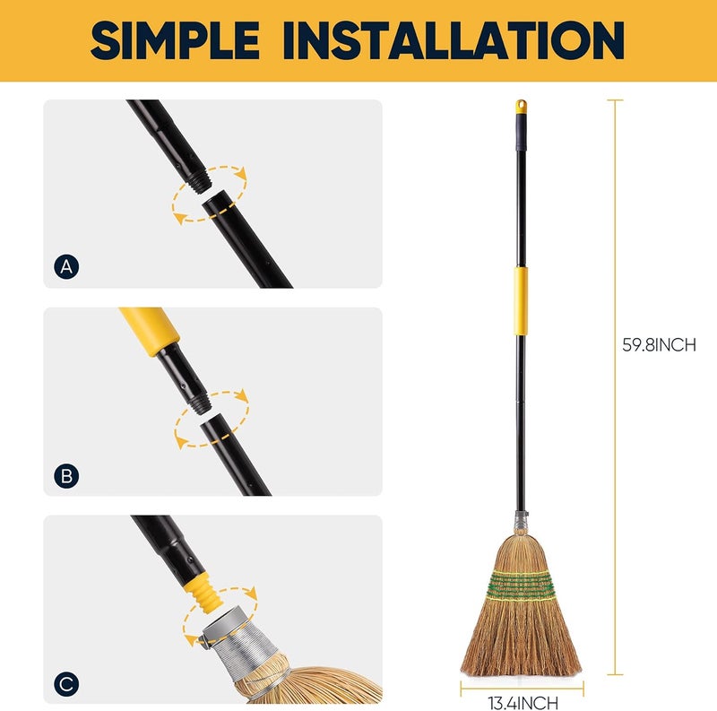 YOCADA Heavy-Duty Broom Corn Broom Outdoor Commercial Indoor for Courtyard Garage Lobby Mall Market Floor Home Office Leaves Stone Dust Rubbish 59.8inch - Image 3