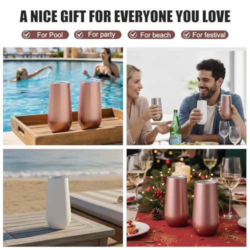 Sivaphe 6 Ounce Stemless Champagne Flutes with Lid, Small Stainless Steel Resuable Toaste Mug, Rosegold Insulated Champagne Tumbler 2 Pack - Image 3