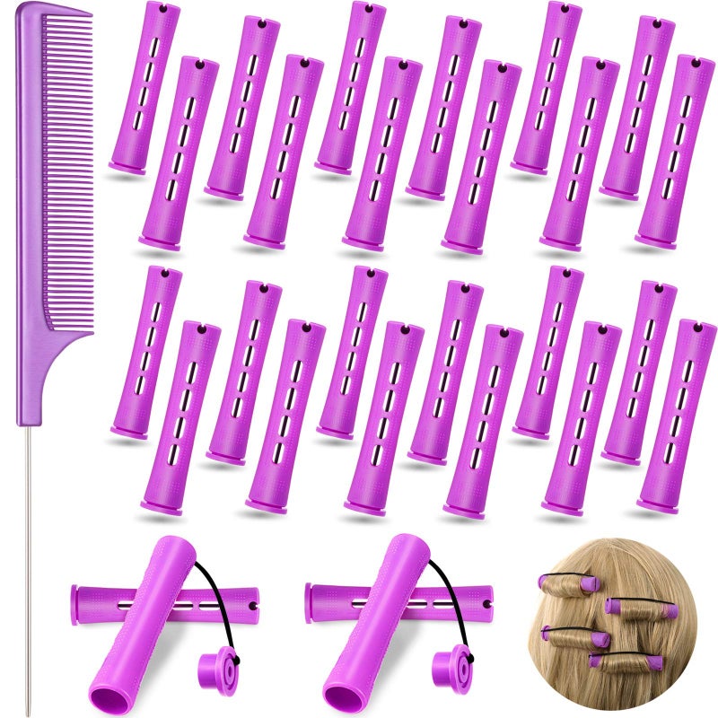 24 Plastic Hair Perming Rods and Curlers with Steel Pintail Comb for Hairdressing Styling 075 Inches Purple