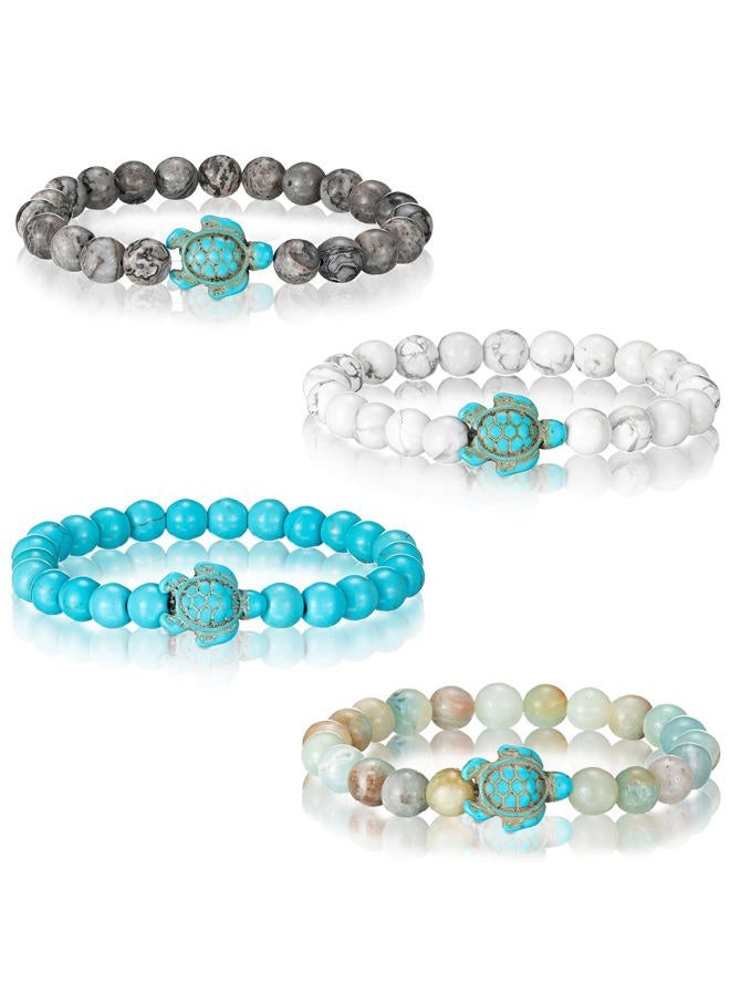 Bonuci Turtle Bracelet 4 Pieces Sea Turtle Beads Ocean Bracelets Natural Stone Turquoise Stretch Bracelet Turtle Friendship Gifts for Women Men Girls, Stone, no gemstone - Image 1