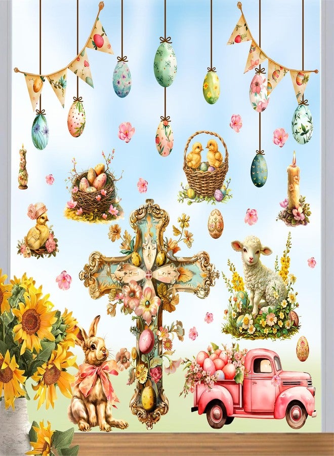 Kazova Easter Window Clings Decoration Christian Cross Window Stickers Happy Easter Egg Wall Stickers Vintage Chicken Eggs Bunny Rabbit Wall Decals Spring Holiday Party Supplies Deror - Image 2
