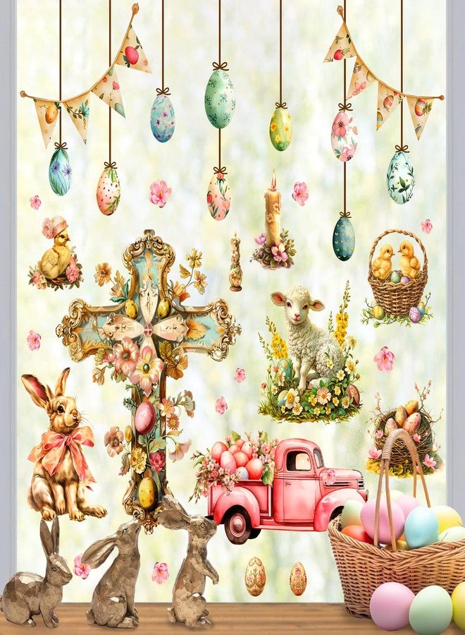 Kazova Easter Window Clings Decoration Christian Cross Window Stickers Happy Easter Egg Wall Stickers Vintage Chicken Eggs Bunny Rabbit Wall Decals Spring Holiday Party Supplies Deror - Image 1
