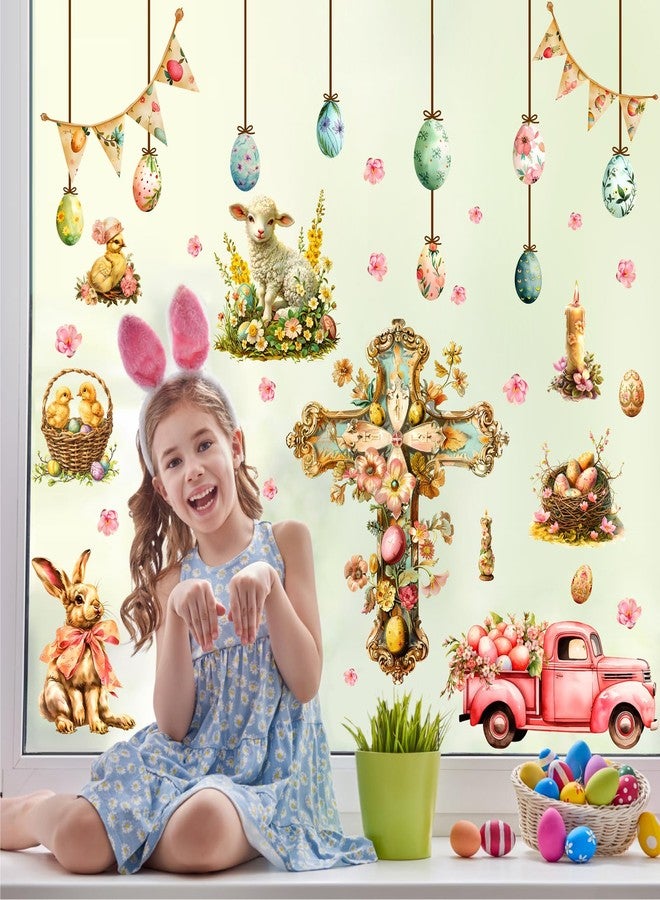 Kazova Easter Window Clings Decoration Christian Cross Window Stickers Happy Easter Egg Wall Stickers Vintage Chicken Eggs Bunny Rabbit Wall Decals Spring Holiday Party Supplies Deror - Image 3