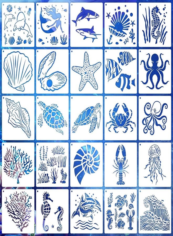 eageus 6 Inch Sea Life Stencils Reusable Ocean Stencils for Painting on Wood, 25 Pieces Sea Creatures Stencil DIY Craft Template for Painting on Furniture, Canvas, Wall, Home Decor(Ocean) - Image 1