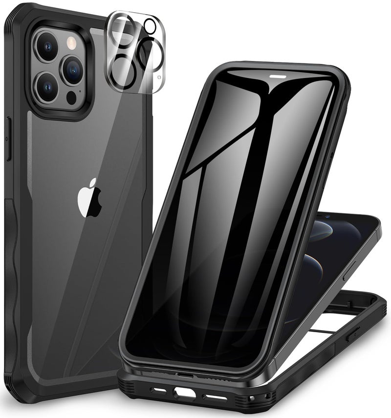CENHUFO Privacy for iPhone 12 Pro Max Case, Full Body Phone Case with Built-in 9H Tempered Glass Privacy Screen Protector and Camera Lens Protector, Anti Peep Shockproof Bumper Clear Cover - Black - Image 1