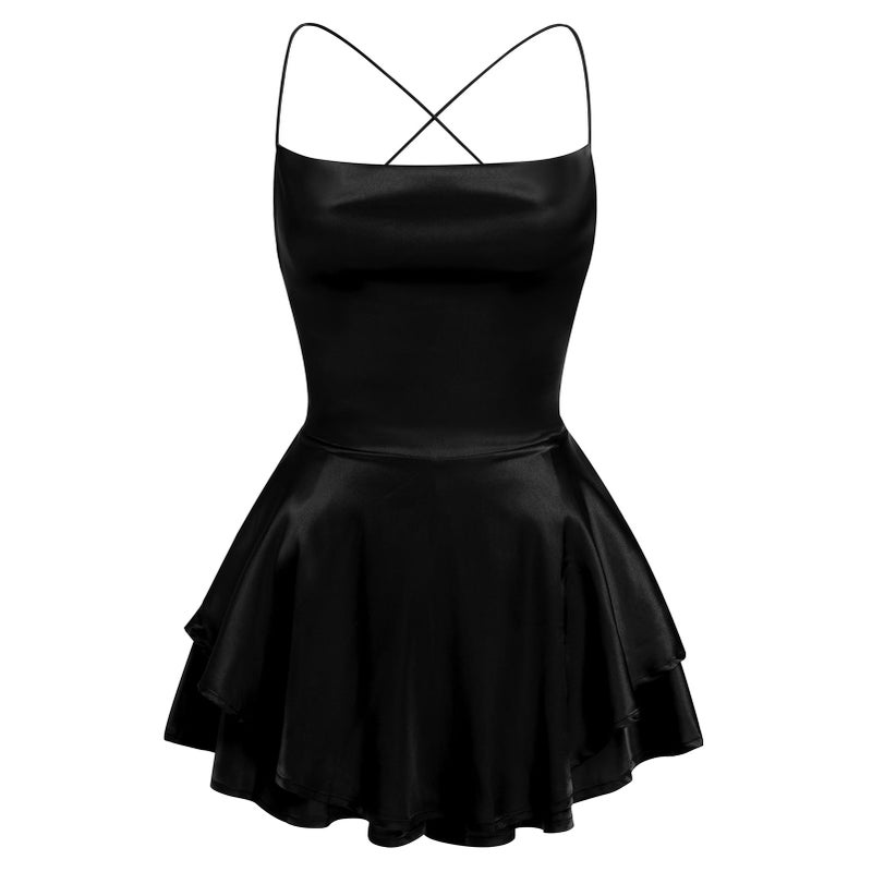 AGYMNX Women Sexy Spaghetti Strap Satin Dress Sleeveless Low Cut Backless Short Romper Dress Party Jumpsuit Mini Sundress Black - Image 4