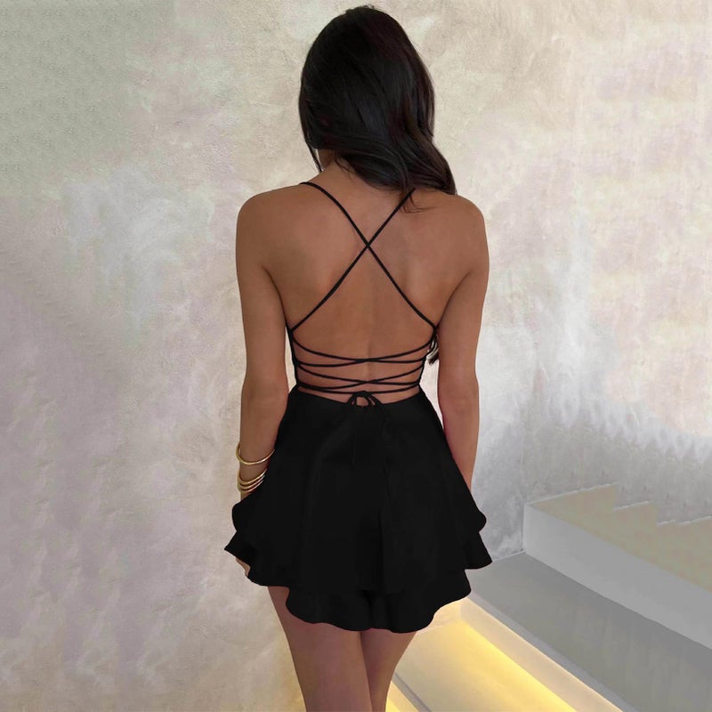 AGYMNX Women Sexy Spaghetti Strap Satin Dress Sleeveless Low Cut Backless Short Romper Dress Party Jumpsuit Mini Sundress Black - Image 2