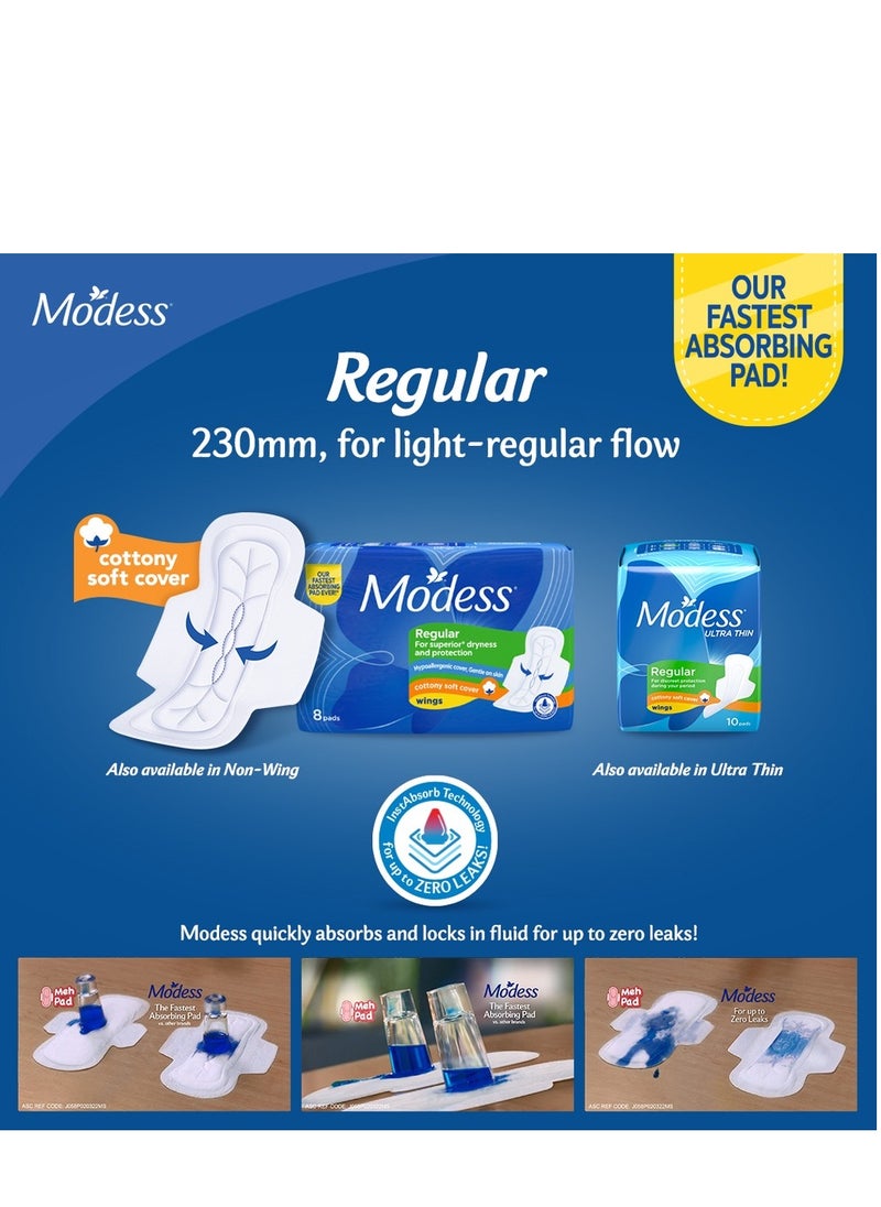 Regular Cottony Soft Pads with Wings For Superior Dryness and Protection Hypoallergenic Cover Gentle on Skin Fast Absorbing Pads - 8 Pads  60 gm