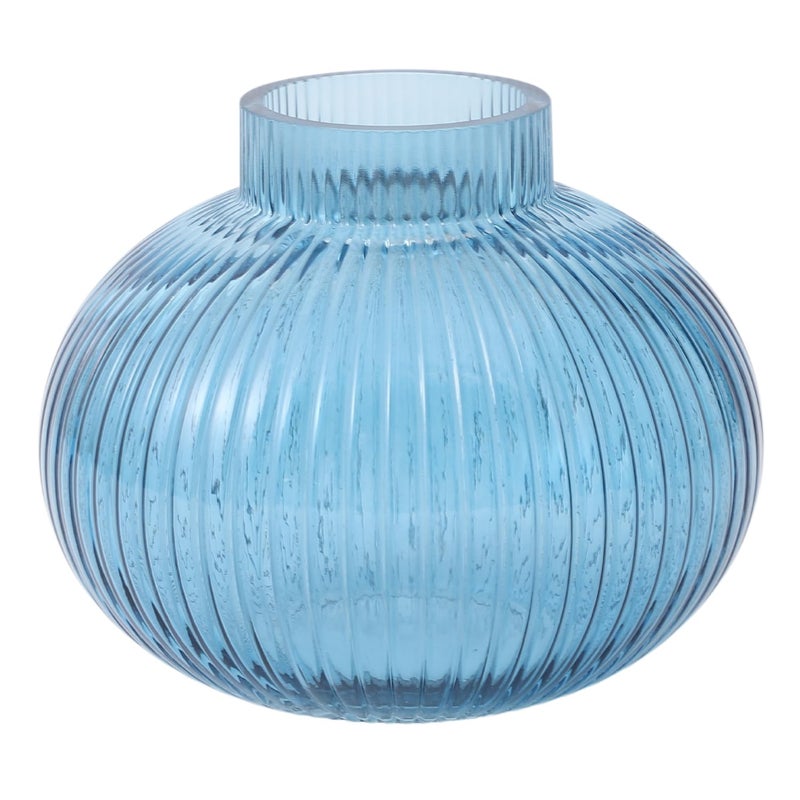 Yanwe1 Blue Glass Vase For Tulips  Ribbed Glass Vase For Flowers  Round Flower Vases  Small Short Vases For Living Room  Office  Coffee Table  Shelf  Wedding  6 Inches - Image 1