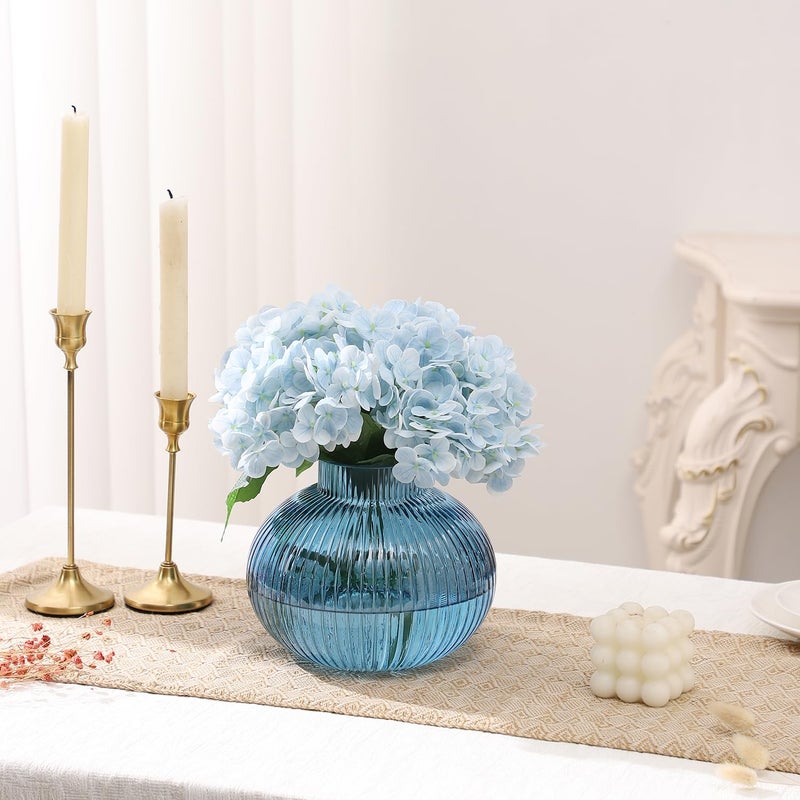 Yanwe1 Blue Glass Vase For Tulips  Ribbed Glass Vase For Flowers  Round Flower Vases  Small Short Vases For Living Room  Office  Coffee Table  Shelf  Wedding  6 Inches - Image 3