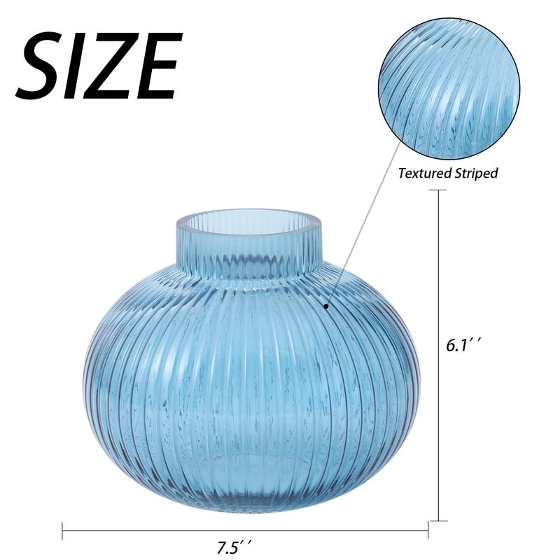 Yanwe1 Blue Glass Vase For Tulips  Ribbed Glass Vase For Flowers  Round Flower Vases  Small Short Vases For Living Room  Office  Coffee Table  Shelf  Wedding  6 Inches - Image 2