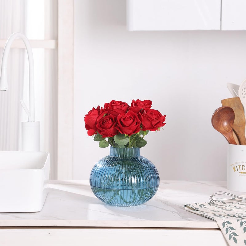 Yanwe1 Blue Glass Vase For Tulips  Ribbed Glass Vase For Flowers  Round Flower Vases  Small Short Vases For Living Room  Office  Coffee Table  Shelf  Wedding  6 Inches - Image 5