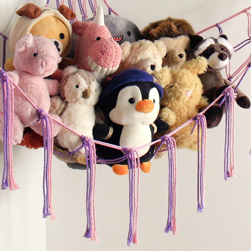 mirolam Large Stuffed Animal Hammock Corner Net for Toys Storage Hanging Stuff Animal Organizer Holder Pink Purle Girls Room Bedroom Boho Nursery Decor - Image 4