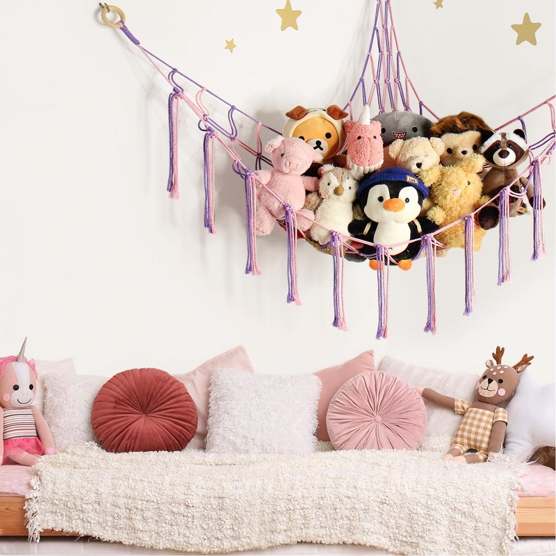 mirolam Large Stuffed Animal Hammock Corner Net for Toys Storage Hanging Stuff Animal Organizer Holder Pink Purle Girls Room Bedroom Boho Nursery Decor - Image 3
