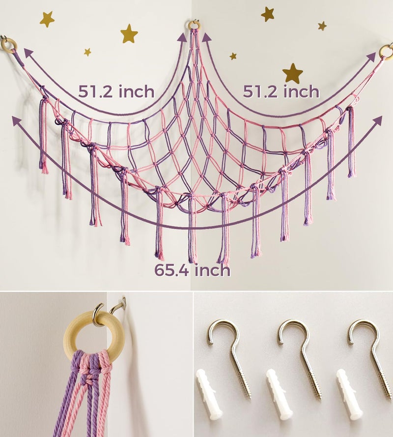 mirolam Large Stuffed Animal Hammock Corner Net for Toys Storage Hanging Stuff Animal Organizer Holder Pink Purle Girls Room Bedroom Boho Nursery Decor - Image 5