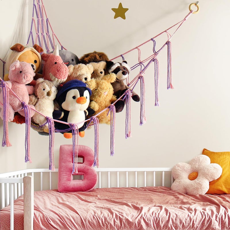 mirolam Large Stuffed Animal Hammock Corner Net for Toys Storage Hanging Stuff Animal Organizer Holder Pink Purle Girls Room Bedroom Boho Nursery Decor - Image 2