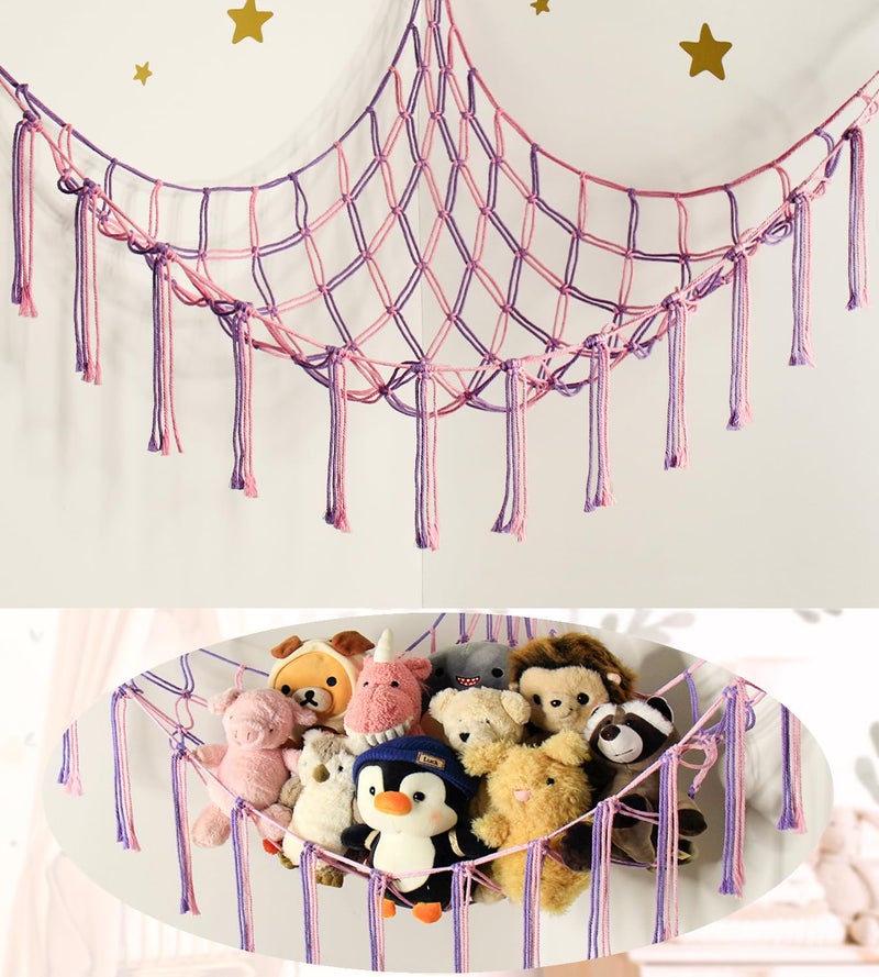 mirolam Large Stuffed Animal Hammock Corner Net for Toys Storage Hanging Stuff Animal Organizer Holder Pink Purle Girls Room Bedroom Boho Nursery Decor - Image 1