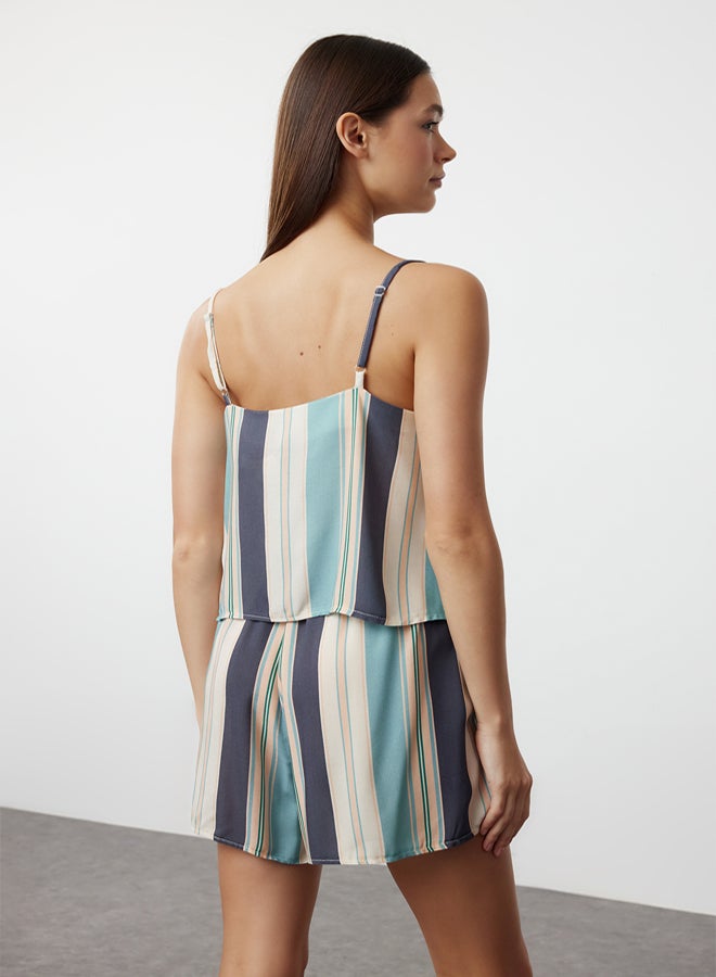 trendyol Blue-Multicolor Striped String Strap Viscose Woven Pajama Set THMSS23PT00225 - Image 4