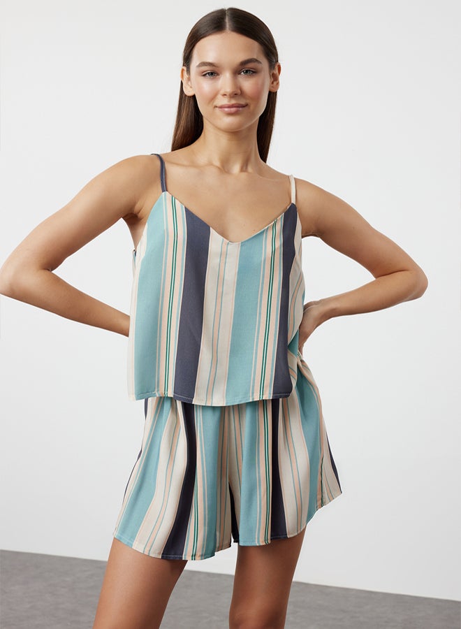 trendyol Blue-Multicolor Striped String Strap Viscose Woven Pajama Set THMSS23PT00225 - Image 2