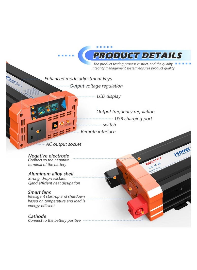 Generic - 1000W Power Inverter 12V to 240V AC Pure Sine Wave Car DC UK with Sockets Dual Adapter With LED Display Suitable for Travel Camping RV - Image 1