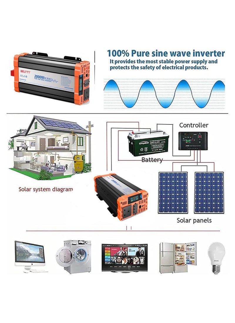 Generic - 1000W Power Inverter 12V to 240V AC Pure Sine Wave Car DC UK with Sockets Dual Adapter With LED Display Suitable for Travel Camping RV - Image 1