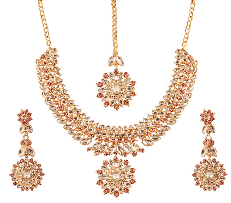 Touchstone Indian Bollywood Traditional Craftsmanship Mughal Era Kundan Look Fuchsia Color Bridal Designer Jewelry Wedding Necklace Set In Gold Tone For Women. - Image 1