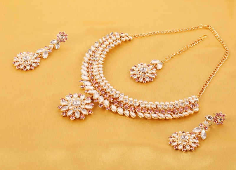 Touchstone Indian Bollywood Traditional Craftsmanship Mughal Era Kundan Look Fuchsia Color Bridal Designer Jewelry Wedding Necklace Set In Gold Tone For Women. - Image 4
