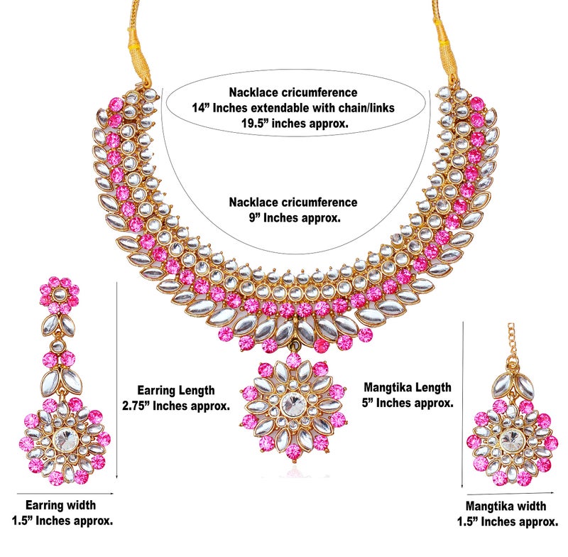 Touchstone Indian Bollywood Traditional Craftsmanship Mughal Era Kundan Look Fuchsia Color Bridal Designer Jewelry Wedding Necklace Set In Gold Tone For Women. - Image 5