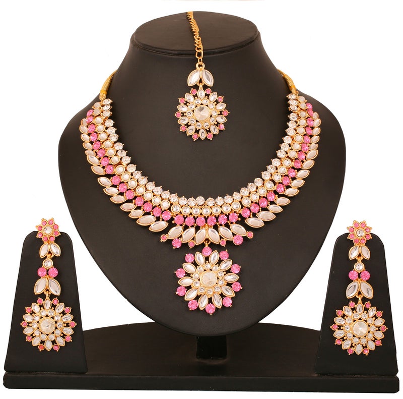 Touchstone Indian Bollywood Traditional Craftsmanship Mughal Era Kundan Look Fuchsia Color Bridal Designer Jewelry Wedding Necklace Set In Gold Tone For Women. - Image 3