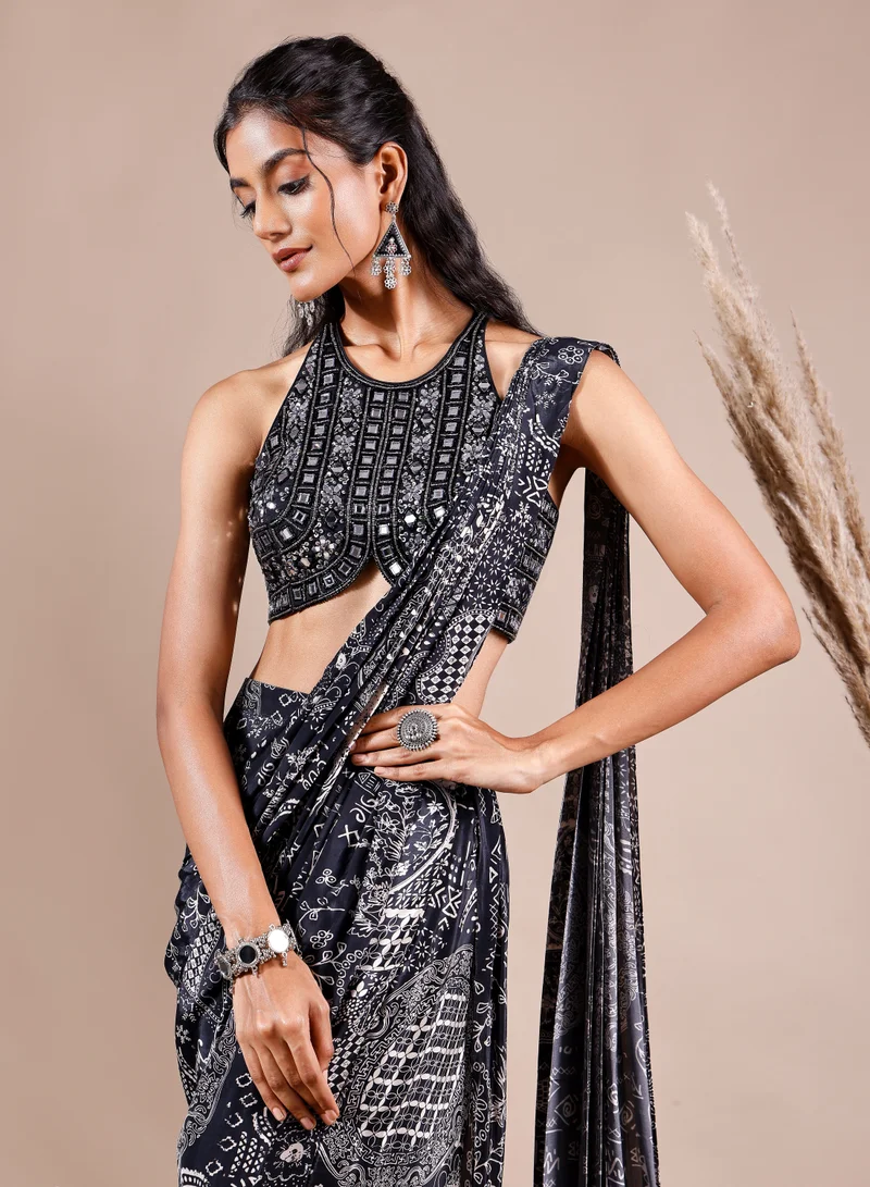 Lehar Black Bandhani Print Pre-Draped Saree with Embellished Blouse