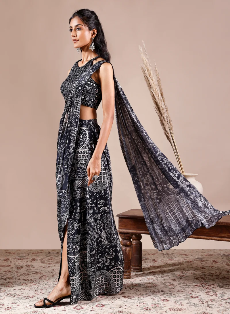 Lehar Black Bandhani Print Pre-Draped Saree with Embellished Blouse
