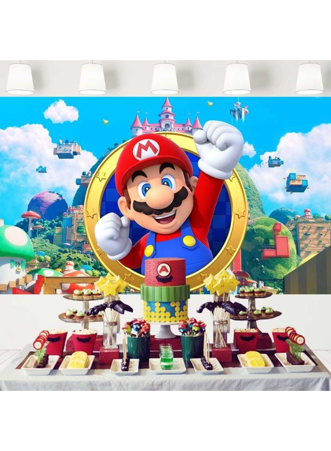 Ericbackdrop Super Mario Party Decorations Backdrop Video Game Mario Bros Theme Background Kids Party Supplies Mario Ring Banner for Cake Table 7x5 ft 530, Blue and red - Image 2