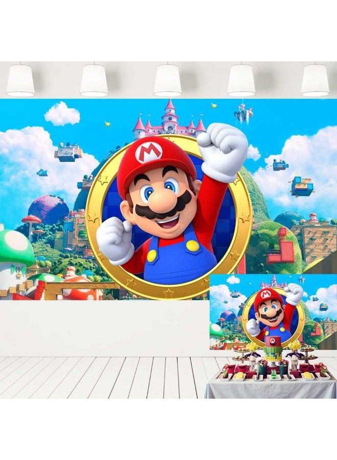 Ericbackdrop Super Mario Party Decorations Backdrop Video Game Mario Bros Theme Background Kids Party Supplies Mario Ring Banner for Cake Table 7x5 ft 530, Blue and red - Image 1