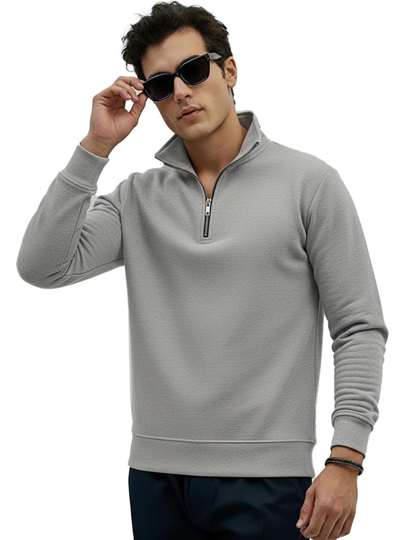 LEOTUDE Men’s Half-Zip Fleece Sweatshirt | Stylish, Breathable,Quarter-Zip Pullover Full Sleeve Winter Wear (W84_Black_P_ZGrey_XL) - Image 1